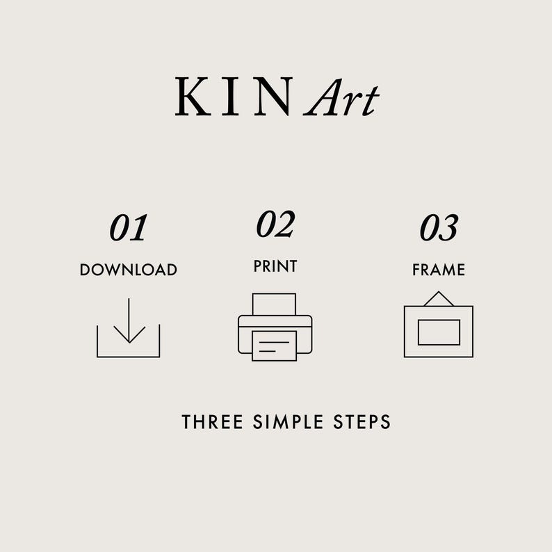 Może przedstawiać: Minimalistyczna grafika z tekstem "KIN Art" na g&oacute;rze. Poniżej trzy kroki: Pobierz, Drukuj i Opraw, każdy z ikoną. Fraza "THREE SIMPLE STEPS" znajduje się na dole, wszystko w neutralnej palecie kolor&oacute;w.