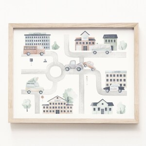 Stadskunstafdruk • Stadmuurkunst • Stadaquarel • Vervoer kinderkamerthema • Things That Go • Neutrale kinderdecoratie