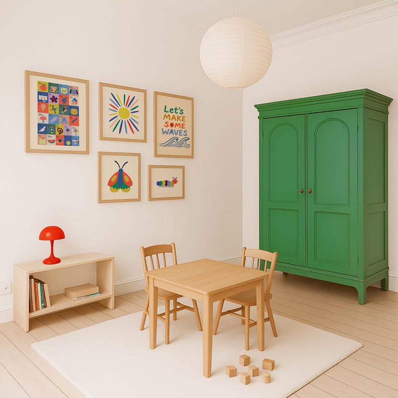Puede incluir: Una habitaci&oacute;n infantil con un armario verde, una peque&ntilde;a mesa y sillas de madera, y grabados art&iacute;sticos enmarcados en la pared. Una l&aacute;mpara roja se encuentra sobre una estanter&iacute;a de madera clara. El arte incluye un sol, una mariposa y el texto "Let's make some waves."