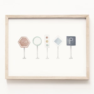 Impression d'art plaques de rue • oeuvre d'art murale ville • aquarelle ville • thème transport pour chambre d'enfant • objets tendance • décoration neutre pour enfants