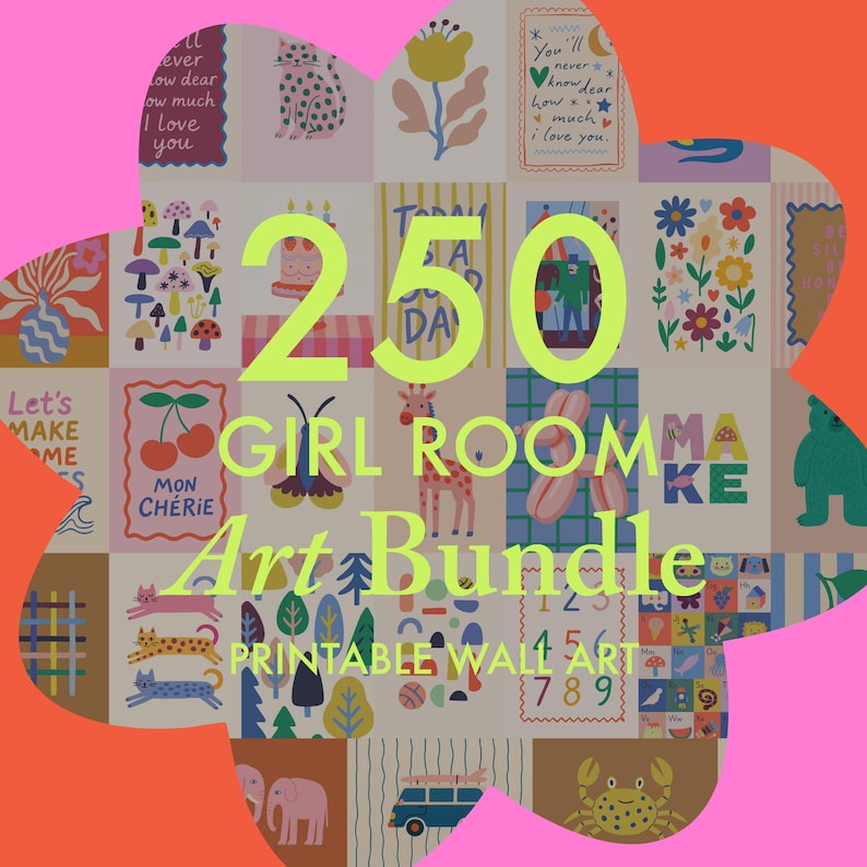 Może przedstawiać: Kolekcja ilustrowanych wydruk&oacute;w artystycznych z tekstem "250 GIRL ROOM Art Bundle PRINTABLE WALL ART". Wydruki przedstawiają r&oacute;żne wzory, w tym kwiaty, zwierzęta i inspirujące cytaty, w kolorowej palecie.