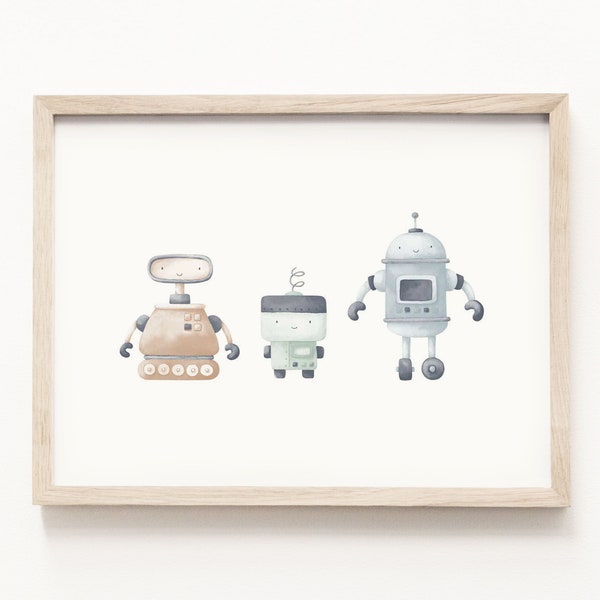 Robot Art Print • Robot Watercolor Painting • Robot Playroom Art • Robot Nursery Wall Art • Neutral Children’s Decor