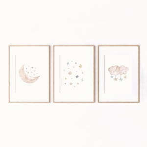 Dreamy Moon and Stars Nursery Print Set – Soft Pastel Cloud and Celestial Wall Art for Baby Room, Playroom, or Kids&#39; Decor