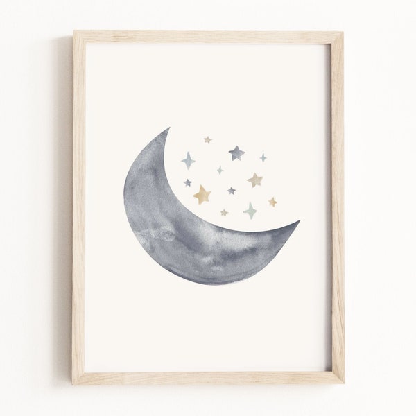 Moon and Stars Art Print • Sky Watercolor Painting • Star Nursery Wall Art • Celestial Nursery Decor • Neutral Children’s Decor