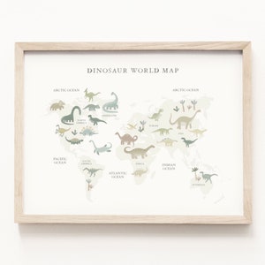 Dinosaur Map Watercolor Print • Dinosaur Wall Art • World Map Learning Chart • Dinosaur Nursery Theme • Neutral Children's Decor