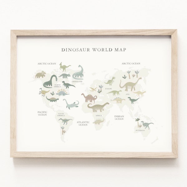 Dinosaur Map Watercolor Print • Dinosaur Wall Art • World Map Learning Chart • Dinosaur Nursery Theme • Neutral Children's Decor