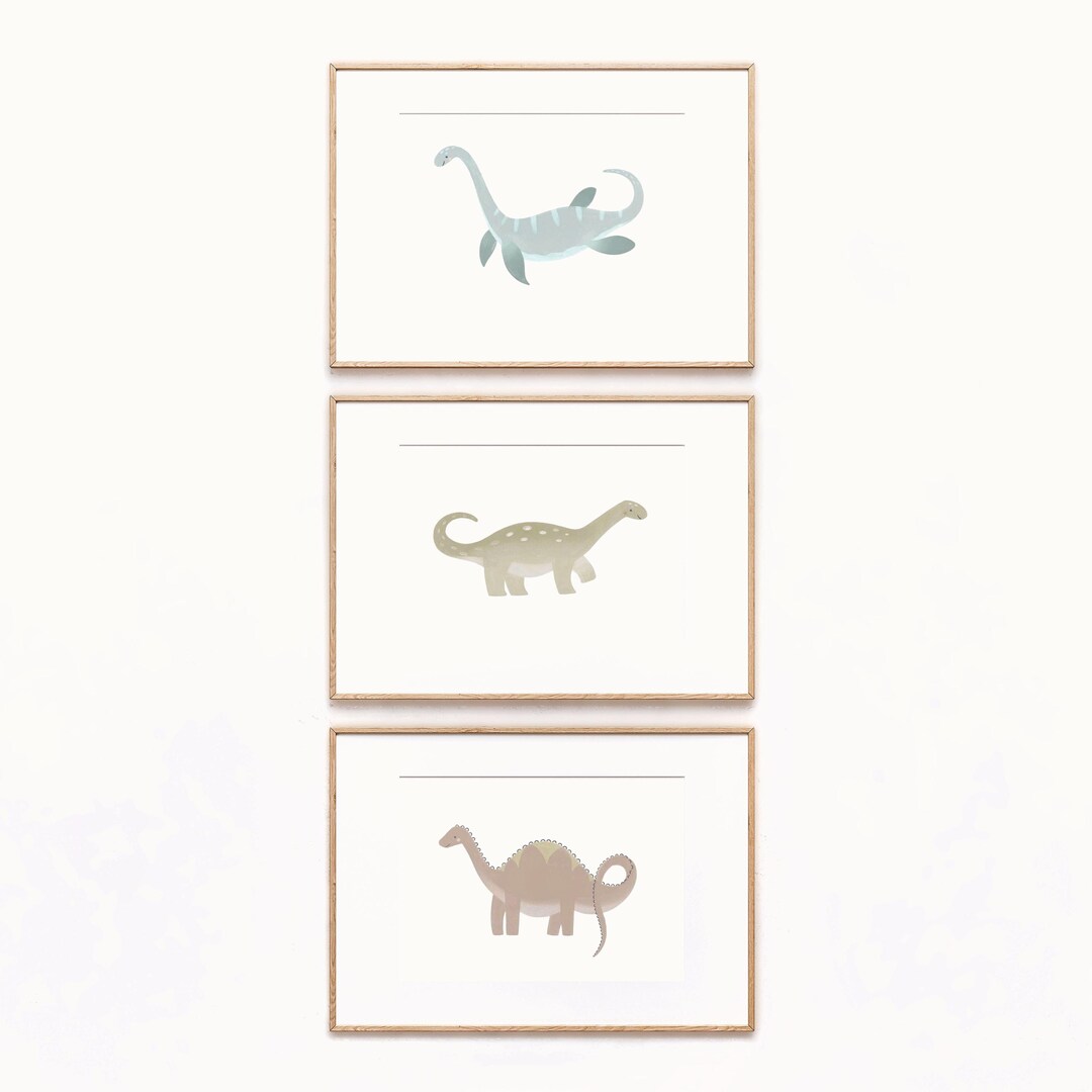 Long Neck Dinosaur Nursery Print Set – Watercolor Dino Trio Wall Art in ...