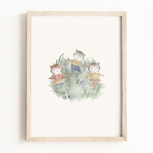 uvres d'art trois petits chatons • Aquarelle mère oie • Personnages de contes de fées • Art mural livre de contes • Décoration neutre pour enfants