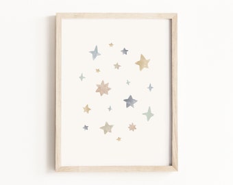 Stars Art Print • Starry Night Watercolor Painting • Star Nursery Wall Art • Celestial Nursery Decor • Neutral Children’s Decor