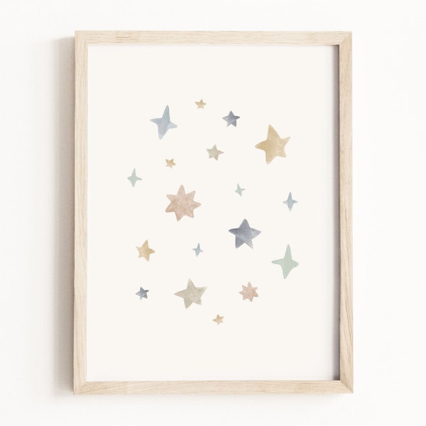 Stars Art Print • Starry Night Watercolor Painting • Star Nursery Wall Art • Celestial Nursery Decor • Neutral Children’s Decor