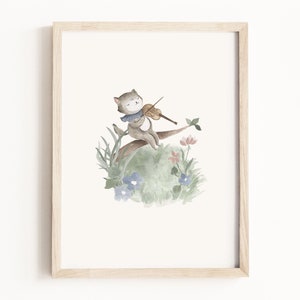 Cat & The Fiddle Art Print • Mother Goose Watercolor Painting • Fairytale Characters • Storybook Nursery Wall Art • Neutral Children’s Decor