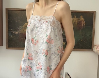 Vintage white satin lace floral bow embroidery spaghetti straps slip/nightgown