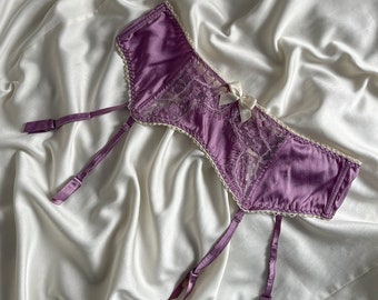 Purple silk satin lace garter belt with boning & bow