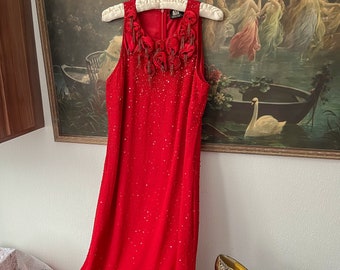 Vintage 80s DRY CLEANED Red Crepe Silk Beaded 3D Flowers Appliqué Maxi Gown