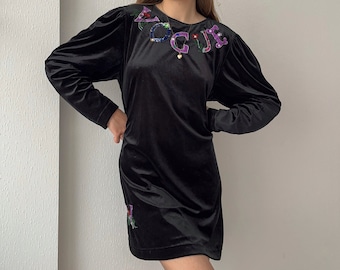 Vintage 80s Signe Incognito Vogue Black Velvet Puff Sleeve Bead Sequins Embroidery Mini Dress
