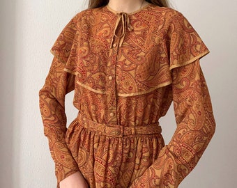 Vintage 70s NWOT BHS Copper Brown Psychedelic Paisley Cape Yoke Long Sleeve Button Front Belt Midi Prairie Dress, Edwardian Style