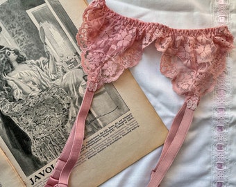 Vintage 80s Marks & Spencer St Michael Pink Satin Lace Garter Belt, Suspender Belt