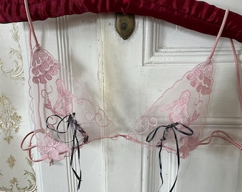 Raro reggiseno a sirena rosa trasparente La Perla Black Label, bralette in pizzo trasparente con nastri, lingerie firmata (36B US/80B EU)