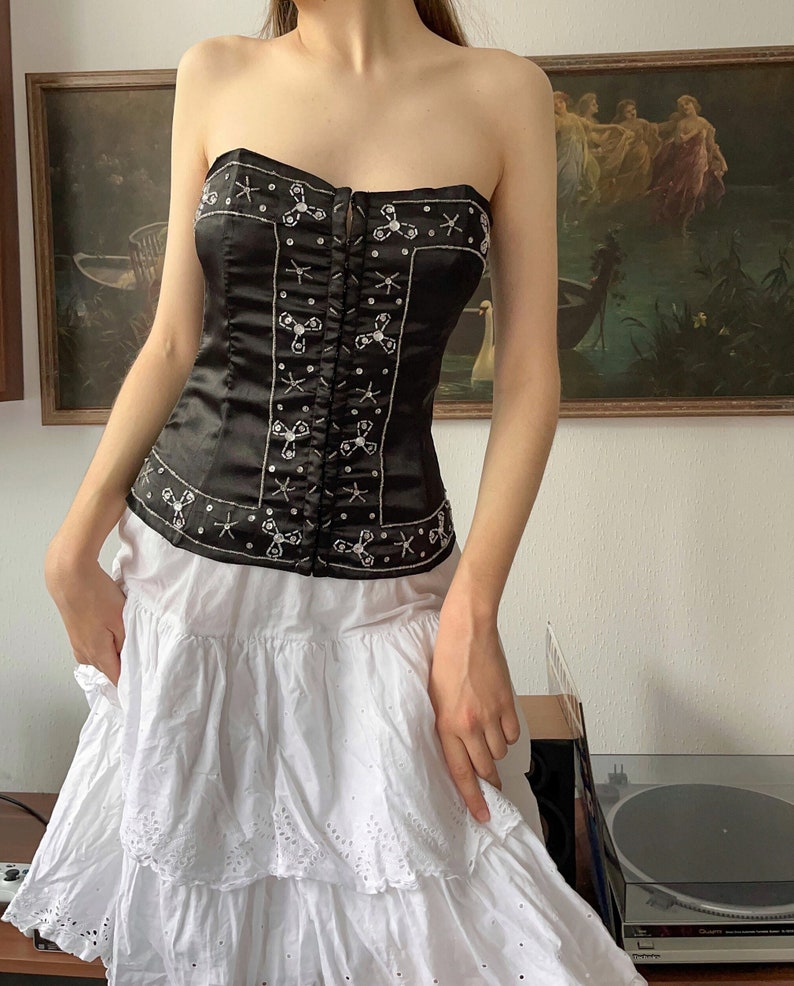 Vintage Y2K 2000s NWOT black beaded strapless corset image 2