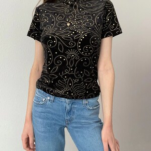 Vintage 90s Y2K Adam Pour Eve French Black Velvet Sequin Mock Neck Stretchy Top image 5