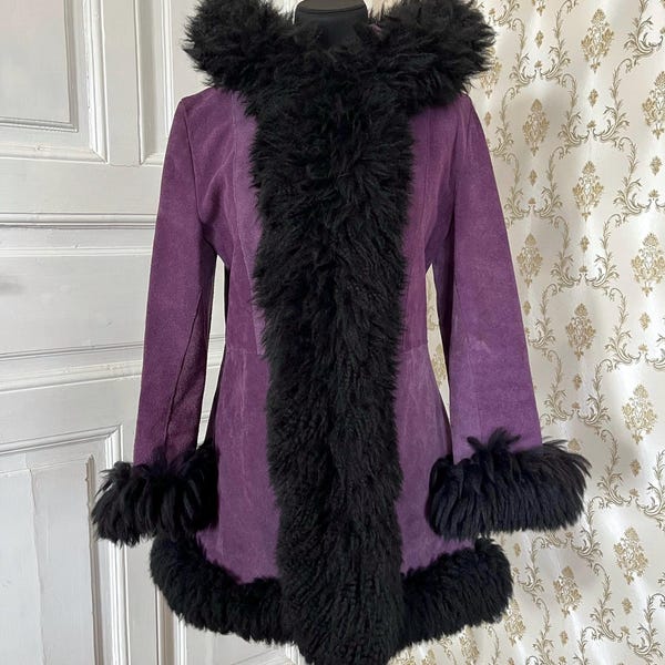 RARE true 1970s 100% suede purple and black afghan coat, Mongolian wool Penny Lane coat, boho whimsigoth princess A-line mini coat