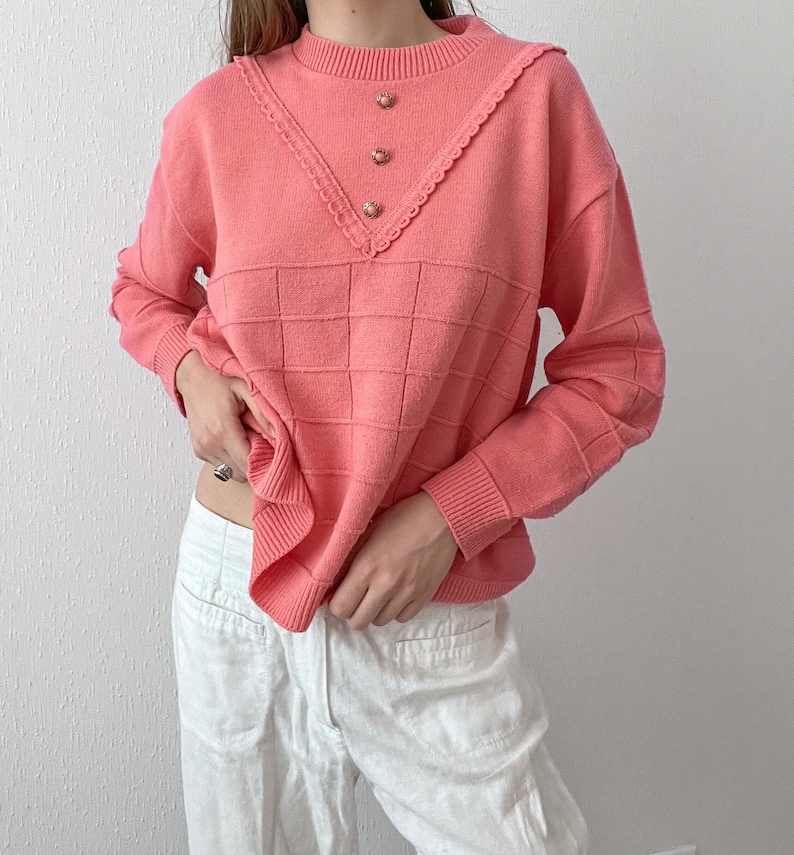 Vintage 70s Pink Acrylic Lace Sweater image 1