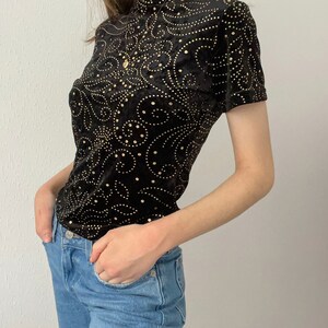 Vintage 90s Y2K Adam Pour Eve French Black Velvet Sequin Mock Neck Stretchy Top image 3