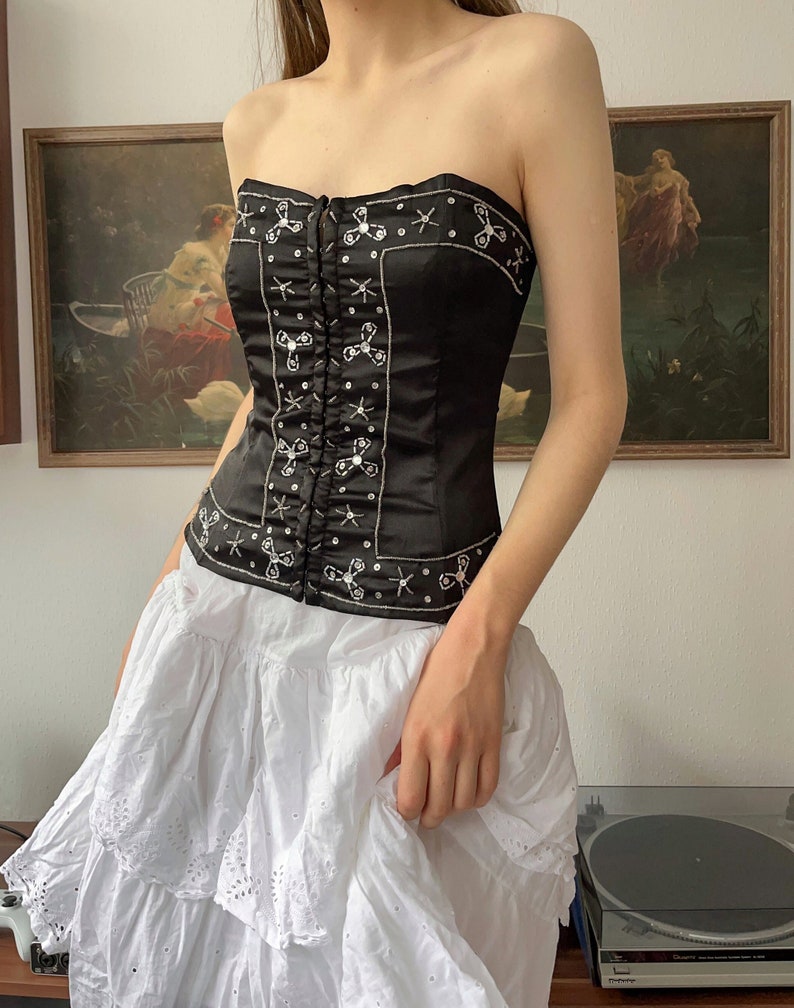 Vintage Y2K 2000s NWOT black beaded strapless corset image 1