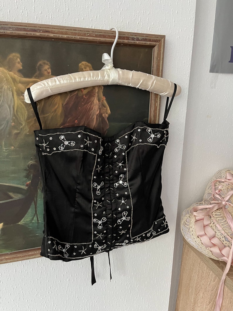 Vintage Y2K 2000s NWOT black beaded strapless corset image 6