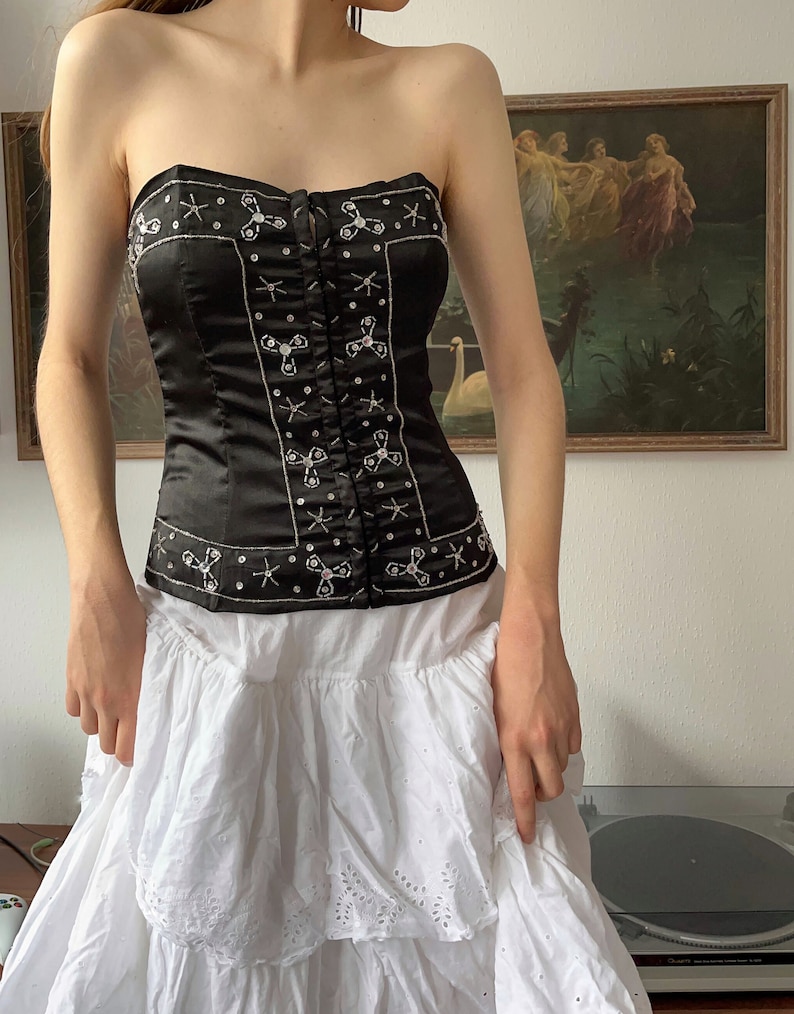 Vintage Y2K 2000s NWOT black beaded strapless corset image 3