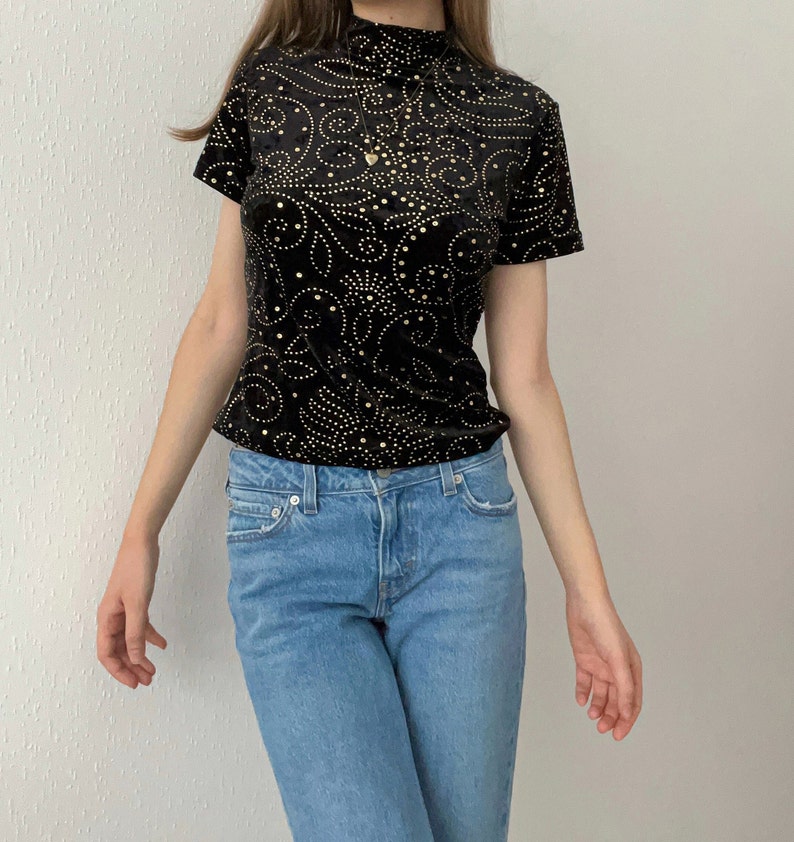 Vintage 90s Y2K Adam Pour Eve French Black Velvet Sequin Mock Neck Stretchy Top image 4