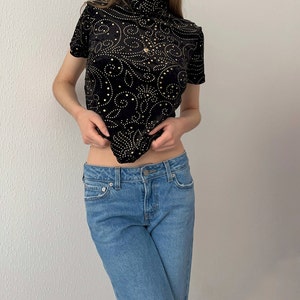 Vintage 90s Y2K Adam Pour Eve French Black Velvet Sequin Mock Neck Stretchy Top image 6