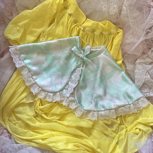 Vintage Romella Sweden pale aqua floral lace satin bed capelet, boudoir cape