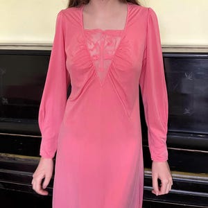 Rare vintage pink 100% silk maxi nightgown with embroidered mesh panel