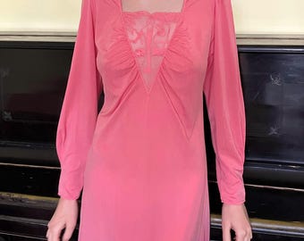 Camisón maxi vintage raro de seda 100 % rosa con panel de malla bordada