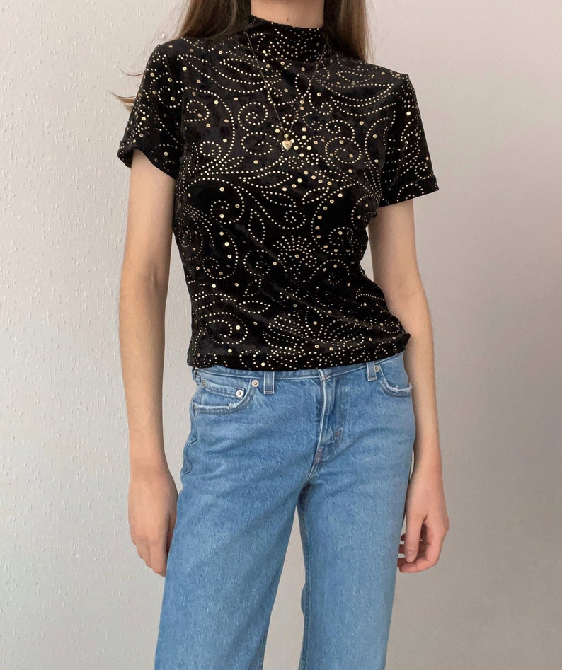 Vintage 90s Y2K Adam Pour Eve French Black Velvet Sequin Mock Neck Stretchy Top image 1