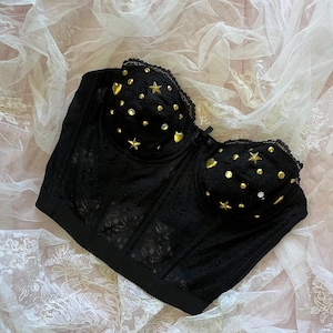 Vintage 1980s Gelmart schwarze Spitze Bustier mit Verzierungen (36/80B)