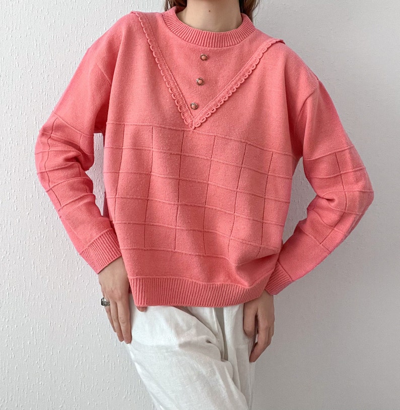 Vintage 70s Pink Acrylic Lace Sweater image 2