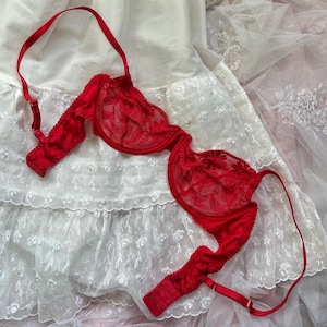 May include: A red, lacy bra with adjustable straps and floral embroidery. The bra is displayed on a white, embroidered fabric background, creating a delicate and feminine aesthetic. The bra's color and design suggest a lingerie theme.