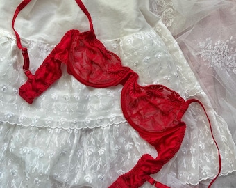 Vintage 100% silk red see through lace bra, pure silk bralette, 75C EU / 34C US