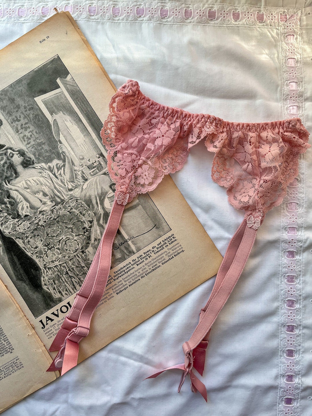 Vintage 80s Marks & Spencer St Michael Pink Satin Lace Garter Belt