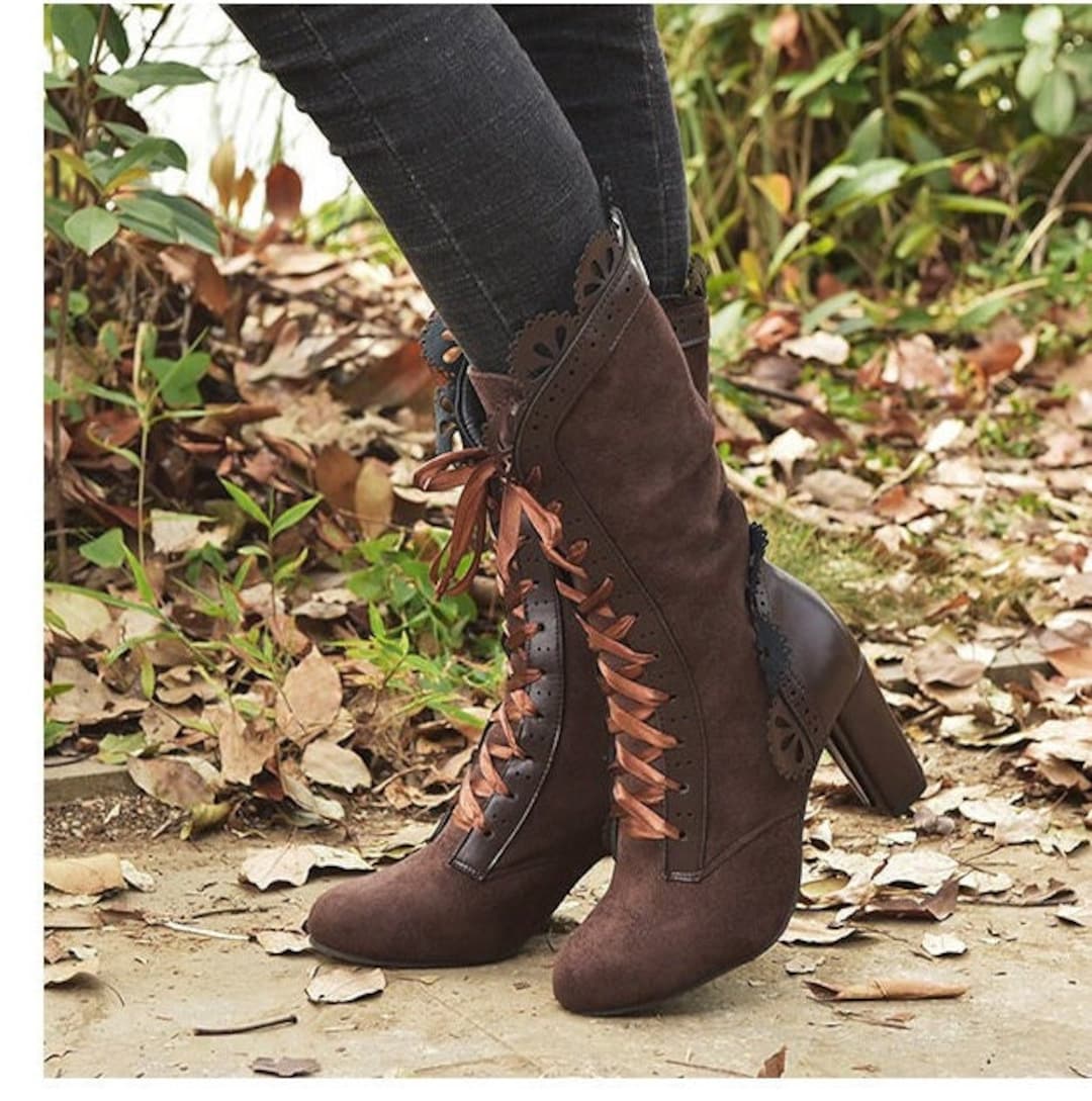 Womens Mid Calf Boots Ladies Lace up High Heels Female Sexy Etsy
