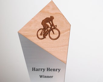 Engraved Wooden CYCLING Trophy Award With Logo & Wording For Schools, Football Clubs, Academy, Corporate Award