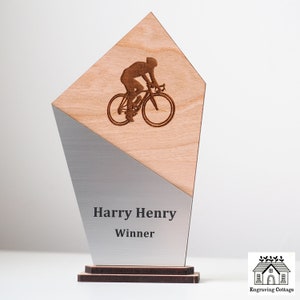 Engraved Wooden CYCLING Trophy Award With Logo & Wording For Schools, Football Clubs, Academy, Corporate Award