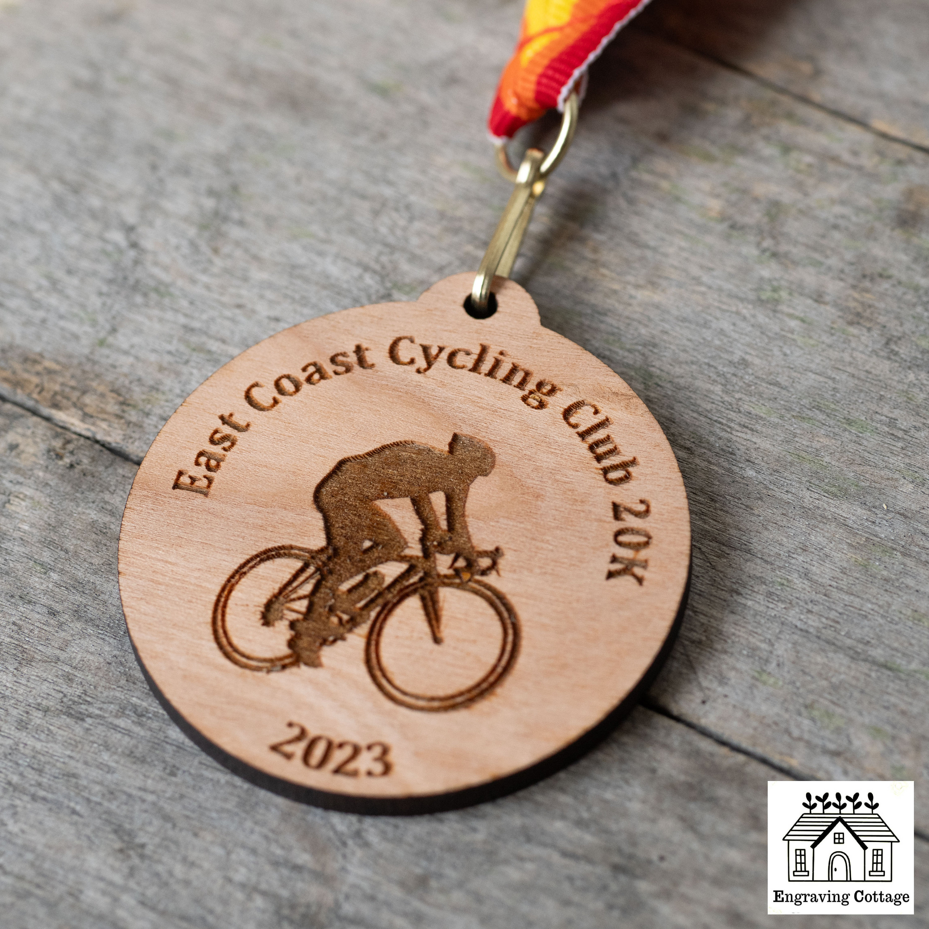 Wooden Cycling Medal with Ribbon Engraved Bike Race Award Eco Medals For Events, Clubs, Schools