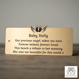May include: A gold metal memorial plaque with a black engraved inscription that reads "Baby Holly Our precious angel, taken too soon Forever missed, forever loved This bench a tribute to her memory She was too beautiful for this world x". The plaque has a small angel wing design with footprints at the top.