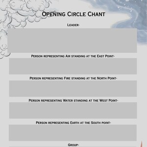 May include: A light gray chart titled "Opening Circle Chant" with text boxes for a leader, group, and individuals representing air, fire, water, and earth. The text "Our Circle Is Now Cast" is at the bottom.