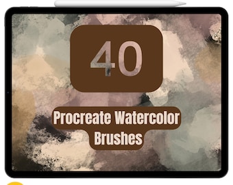 May include: A digital tablet screen displaying a brown rectangle with the number 40 in white text. The text "Procreate Watercolor Brushes" is below the rectangle. The background is a watercolor wash of muted colors.