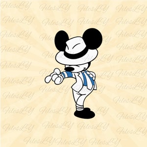 May include: A black and white cartoon mouse wearing a white fedora and a white and blue striped jacket. The mouse is standing with one hand on its hip and the other hand pointing forward. The background is a yellow and white radial pattern.