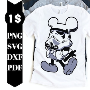 May include: A white t-shirt with a black and white illustration of a Stormtrooper character wearing Mickey Mouse ears. The character is walking and has a black and white color scheme.